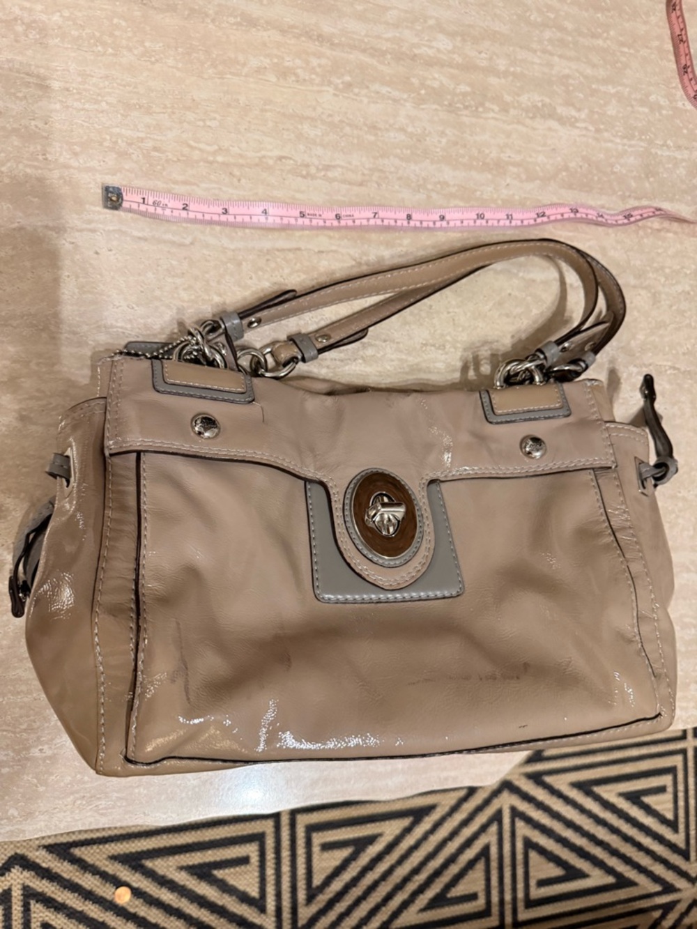 Beige Coach Chelsea Peyton Patent Leather Shoulder Bag with Turn-Lock Accent